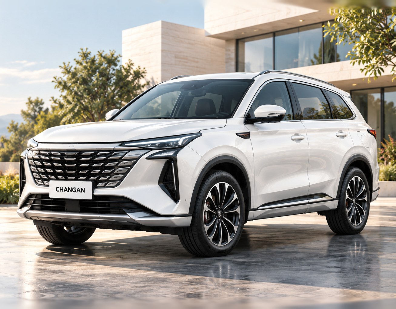 Changan, белый кроссовер у современного дома