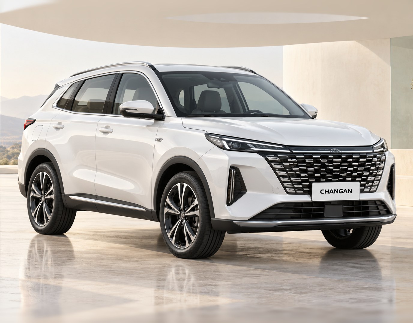 Changan, белый кроссовер в светлом шоуруме