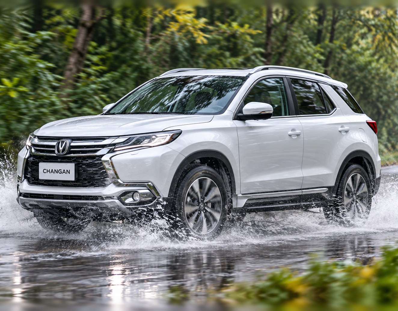 Changan, белый кроссовер едет по воде